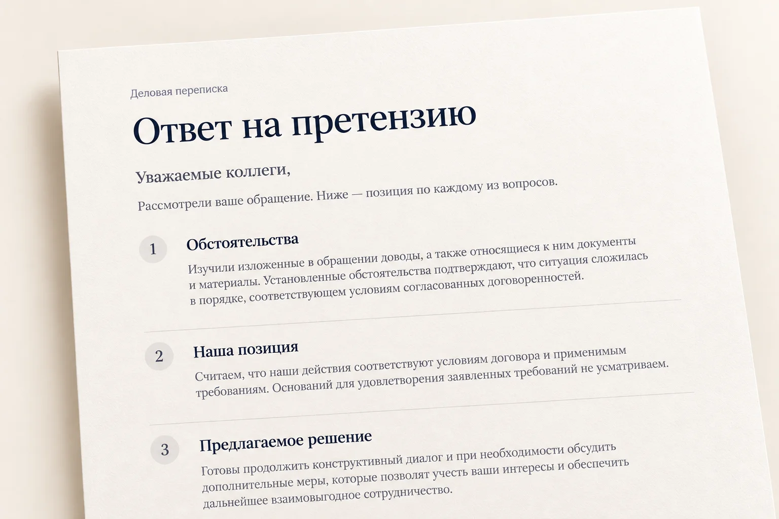 Пример оформления: ответ на претензию